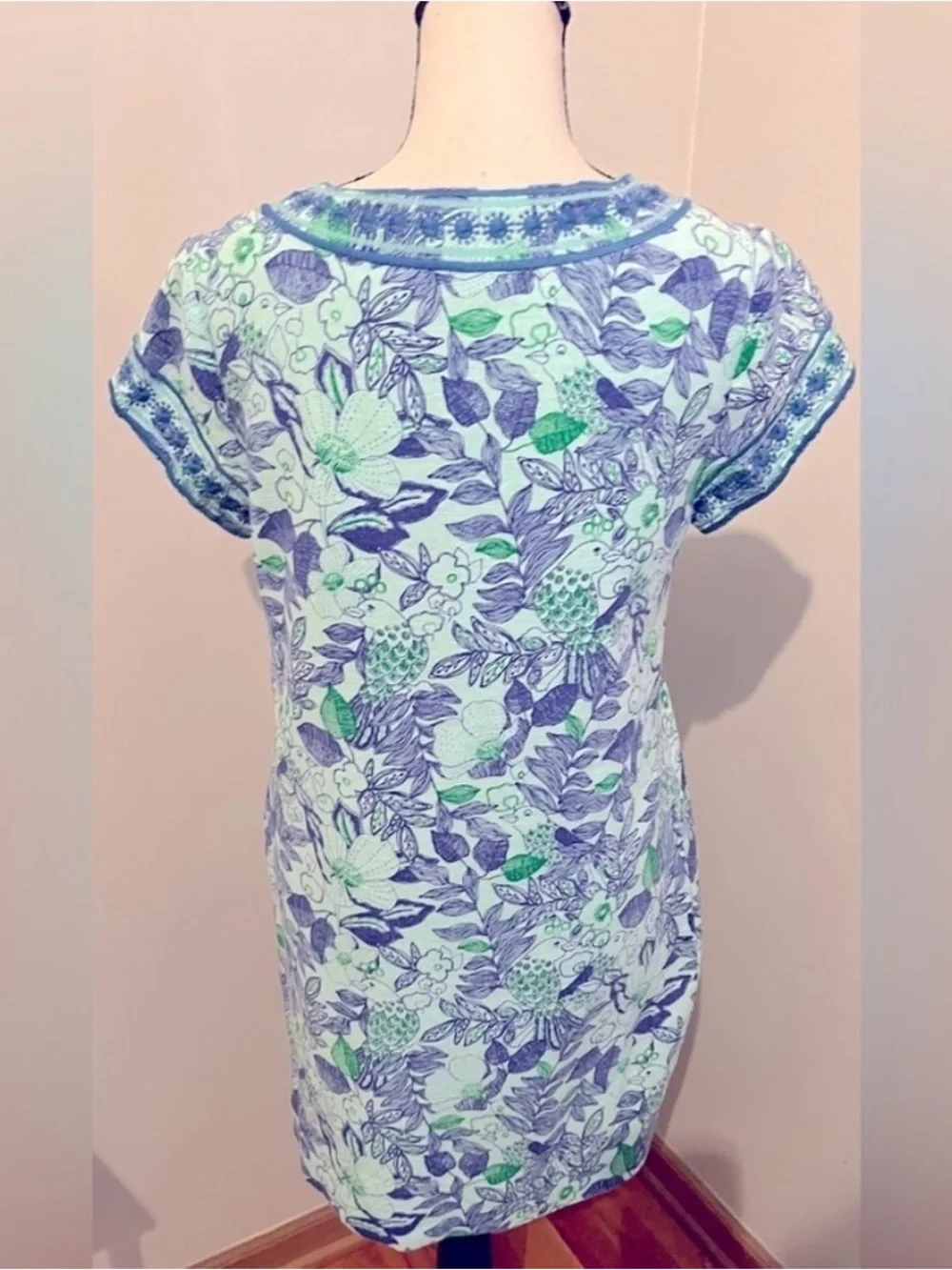 Vineyard Vines Cordia Bird Floral Embroidered Tunic Dress Blue Green Linen Sz 2 - Picture 7 of 8